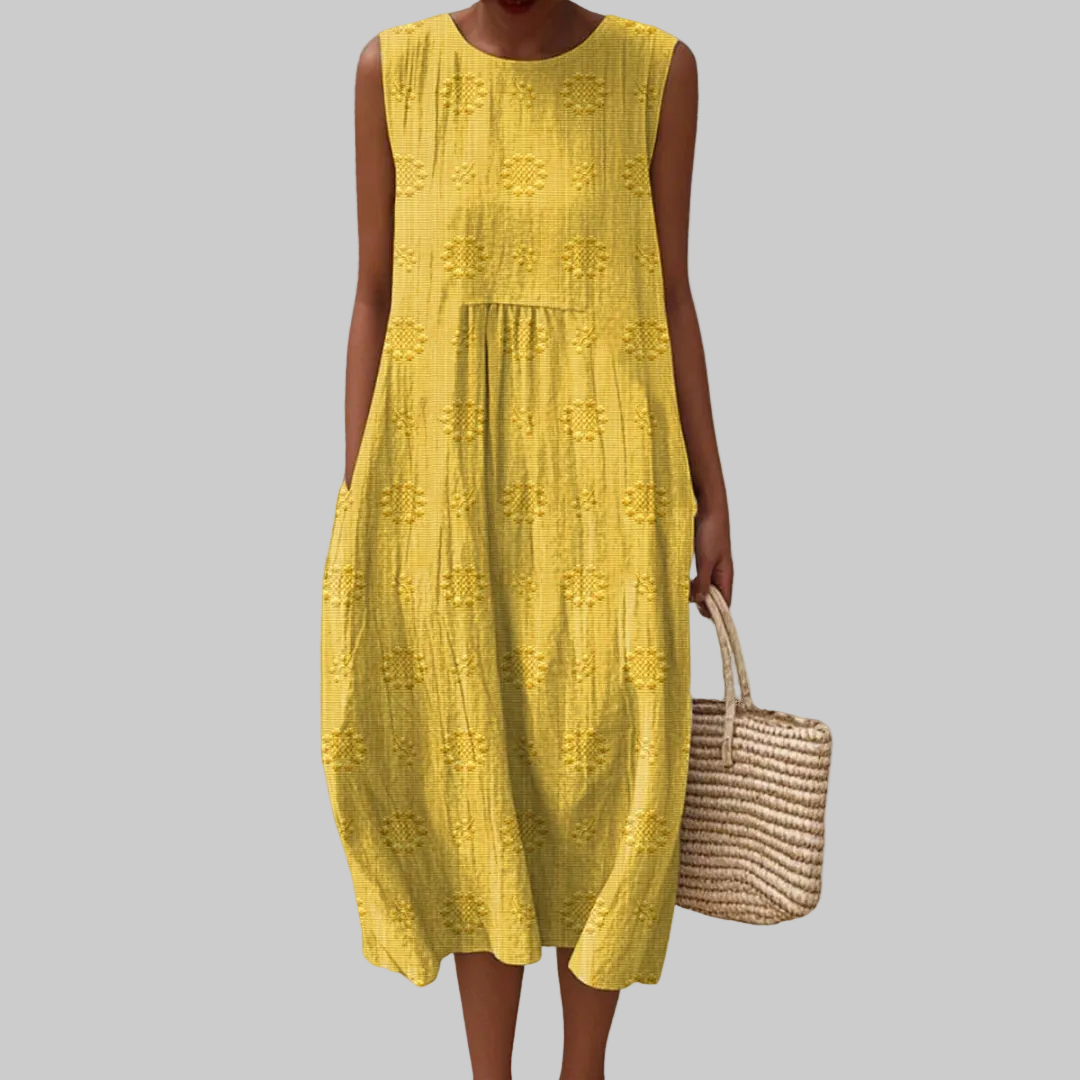 Sarah™ – Midi šaty bez rukávů s plastickým vzorem.